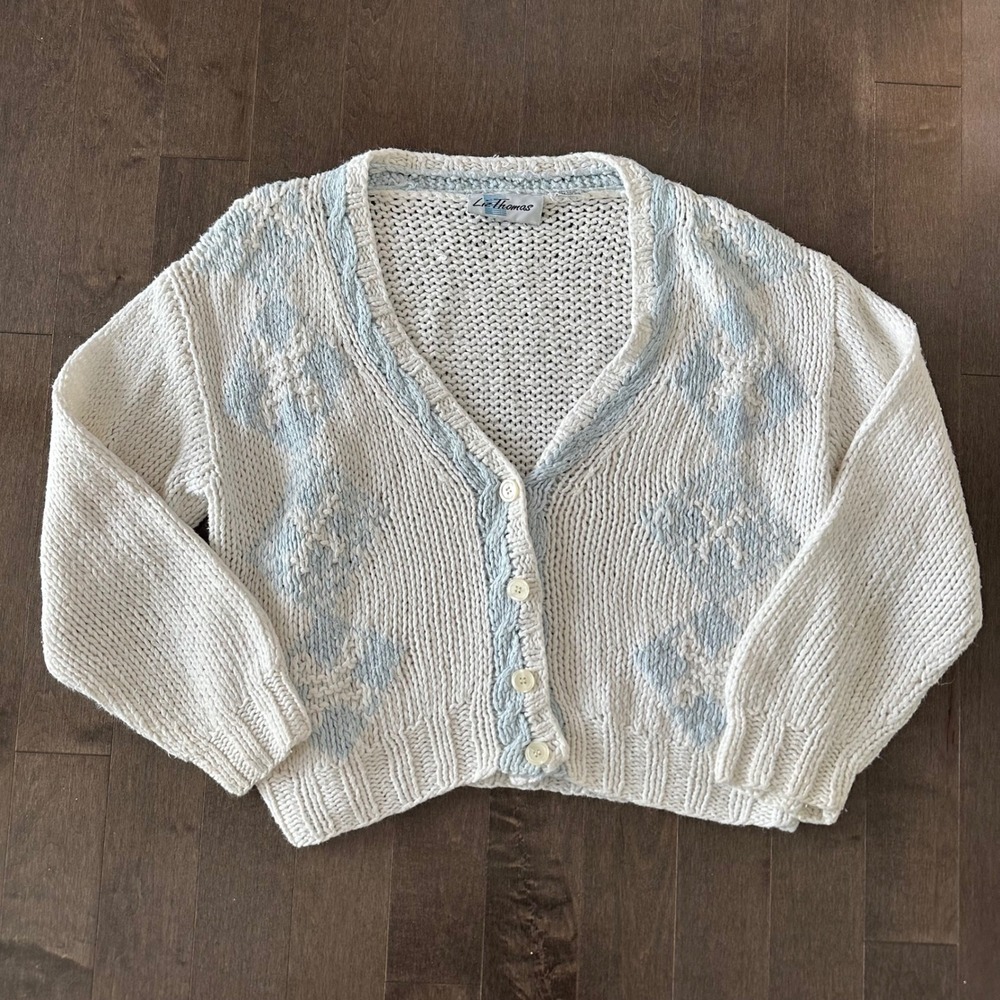 Vintage Liz Thomas Chunky Open Knit Soft Girl Coquette Cardigan Argyle L